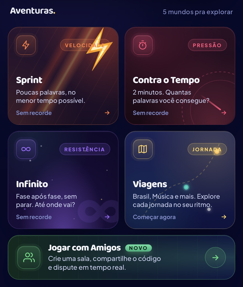 Tela de modos de jogo do Palavria: Sprint, Contra o Tempo, Infinito, Viagens e multiplayer