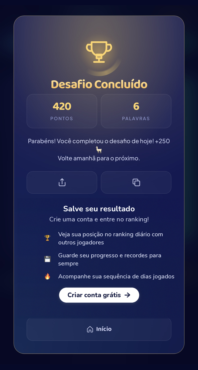 Tela de desafio concluído do Palavria com convite para criar conta após a vitória